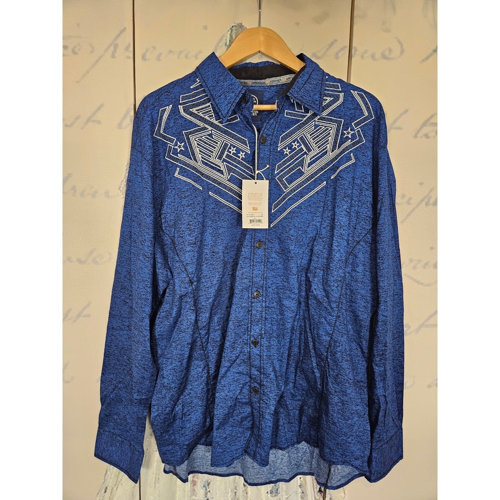 NWT American Fighter Mens Blue Sequence Long Sleeve Button Up Shirt 2XL